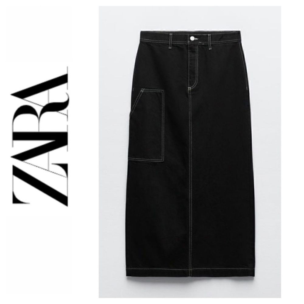 NWT Zara High Waist Long Black Denim Contrast Stitched Apron Skirt, Size XXS